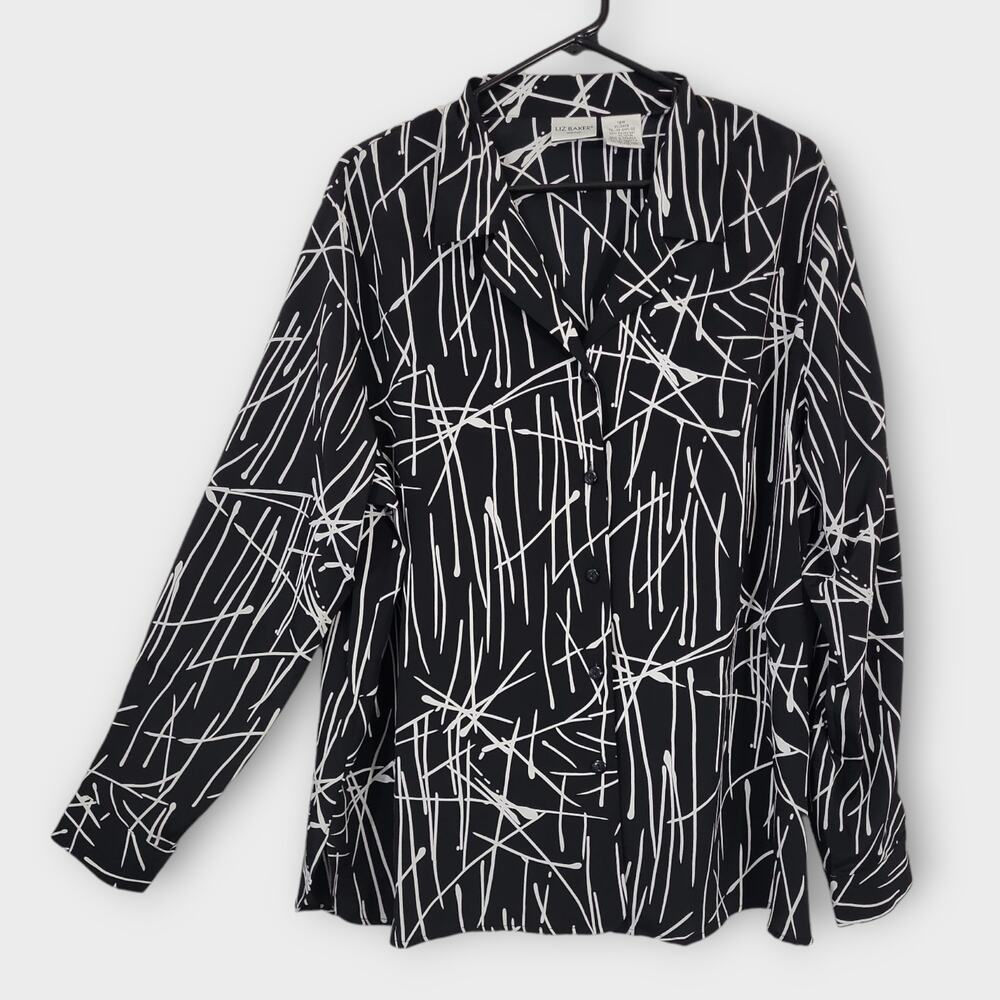 Liz Baker Blouse Button Down Shirt Womens 18W Black White Abstract Graphic